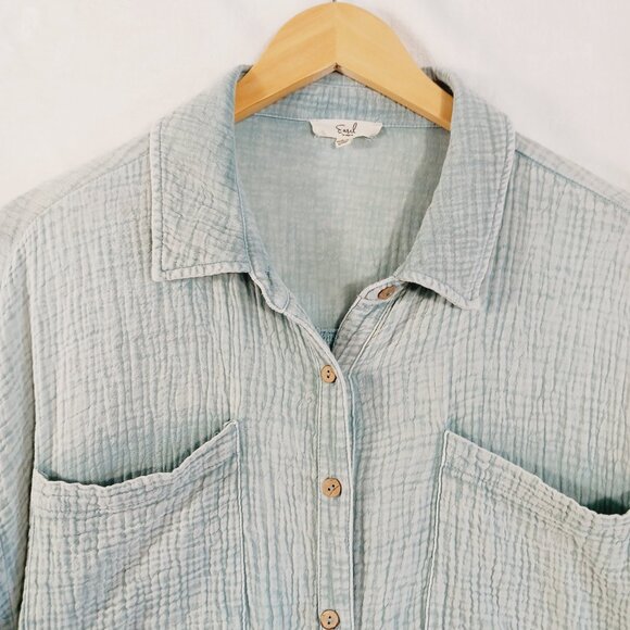 Easel, Oversize, Long, Button Down Shirt, Soft 100% Cotton, Pockets, Lt. Teal, M - Picture 9 of 16